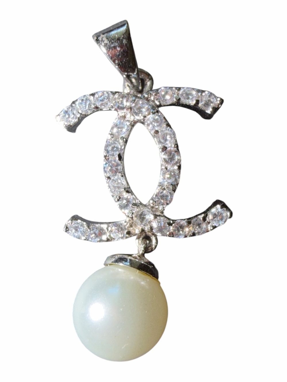 Sterling Silver Crystal Double-C Logo Pearl Drop Pendant